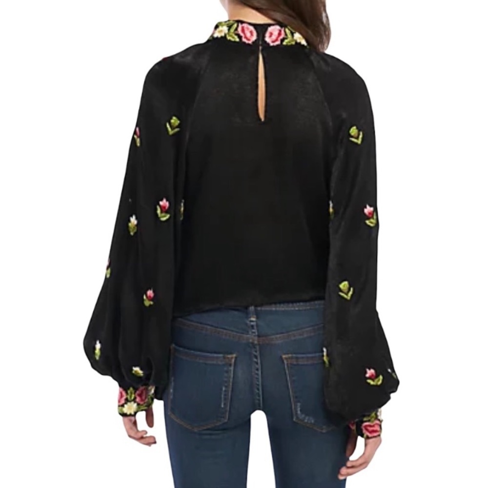 Free People Jessica High Neck Embroidered Black Peasant Blouse Top Boho Gypsy - Picture 7 of 16